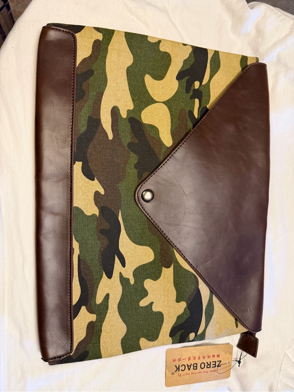 Camouflage Canvas Clutch with Brown Leather Trim